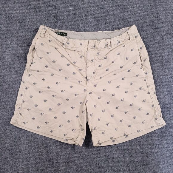 Orvis Chino Shorts Mens 36 Khaki Flat Front Shorts Fly Fishing Print AOP‎ - Picture 1 of 11